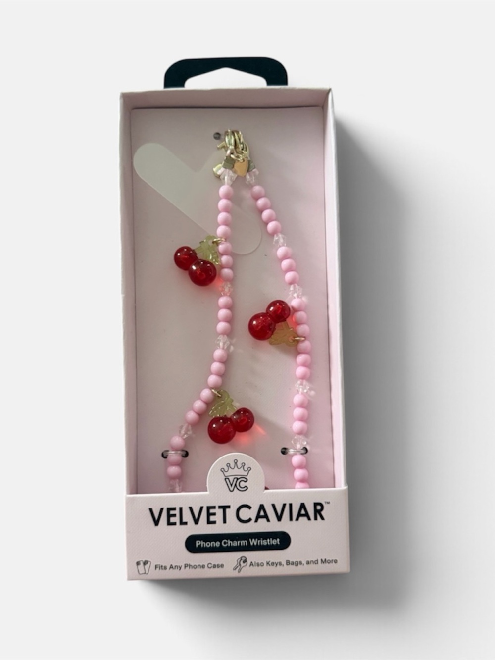 Velvet Caviar Pink Beaded Phone Charm with Red Cherry Accents